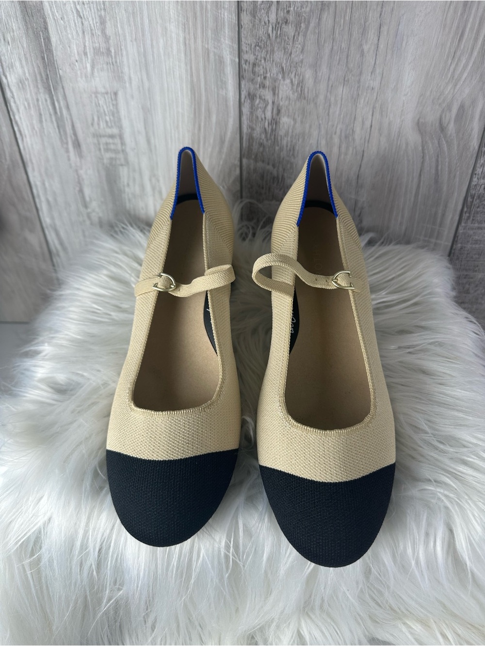 Rothy’s Beige and Black Mary Jane Flats with Blue Trim -12.5